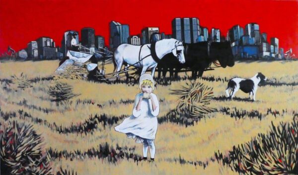 Jordan Turner, Fraser Valley-based environmental and urban artist "Else painting by Jordan Turner – 40x72 inch oil on canvas, showing prairie girl and industrial skyline"