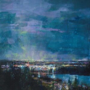 City of Lights by William Liao – Evening cityscape painting, 30x36 inches