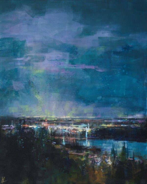 City of Lights by William Liao – Evening cityscape painting, 30x36 inches