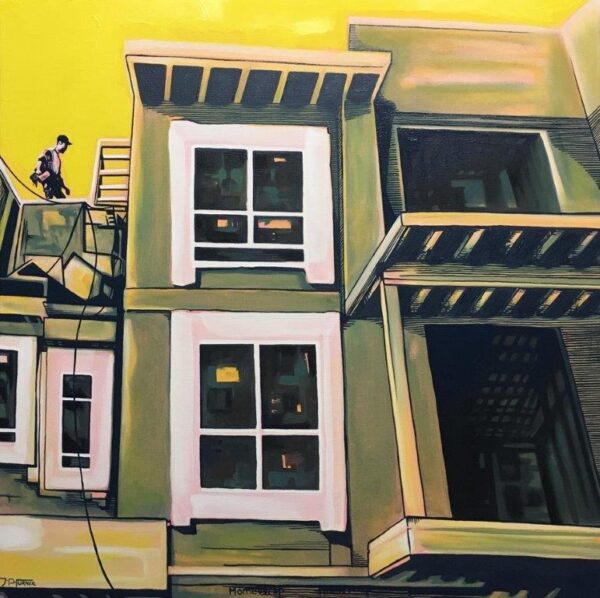 Acrylic city painting – Monday Condos by Jordan Turner, 30x30 canvas