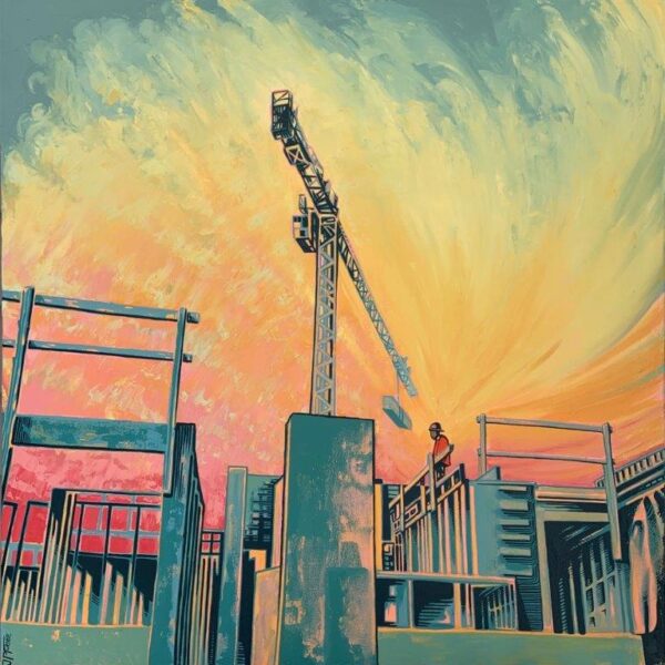 Cityscape painting – Tuesday Wednesday Condos by Jordan Turner, 30x30 acrylic on canvas