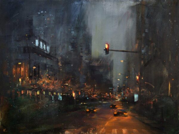 Night Explore by William Liao – Moody cityscape oil painting, 36x48 inches