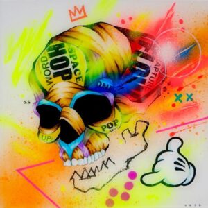 Attention 1 by Taka Sudo – Urban Abstract Skull Painting with Neon Graffiti