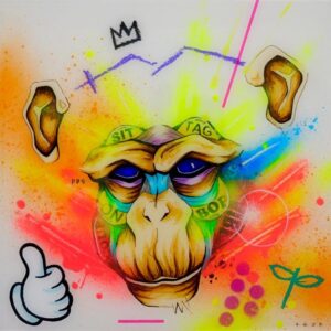 Attention 3 by Taka Sudo – 12x12 inch neon urban abstract painting with expressive monkey face and graffiti-style icons