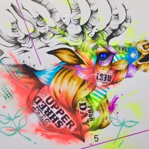 Bush by Taka Sudo – 36x48 inch neon deer urban abstract artwork on wood with resin finish