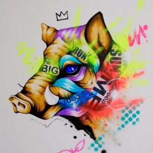 Forward by Taka Sudo – 20x24 inch neon wild boar pop surrealist painting on wood