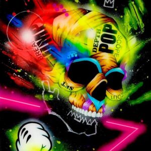 Glim by Taka Sudo – 20x24 inch neon skull painting on wood in urban pop surrealist style