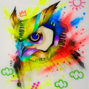Lookout by Taka Sudo – 20x24 inch pop surrealist owl painting in neon urban style with resin coat finish