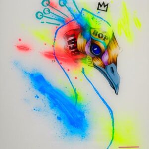 Passage by Taka Sudo – 20x24 inch neon peacock painting with pop surrealist and graffiti-style elements on resin-coated wood