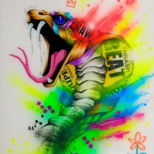 Regenerate by Taka Sudo – 20x24 inch neon cobra snake painting with surreal graffiti text and resin finish