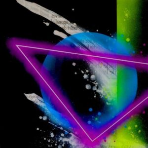 Skewness 1 by Taka Sudo – 18x18 inch neon geometric abstract painting on resin-coated wood