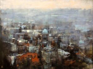 Foggy Morning by William Liao – Foggy cityscape painting, 36x48 inches in artwork gallery Rent foggy cityscape artwork for office – William Liao