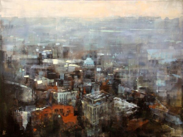 Foggy Morning by William Liao – Foggy cityscape painting, 36x48 inches