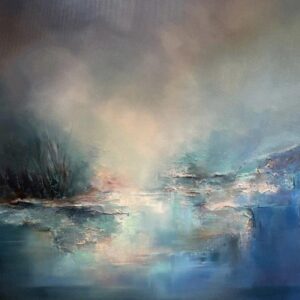 Farahnaz Samari painting – Pathway oil and acrylic landscape in atmospheric blue tones